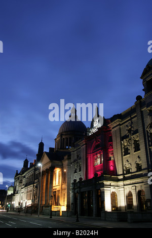 City of Aberdeen, Scotland. Evening view of Rosemount Viaduct with His Majesty’s Theatre, St Mark’s Church and the city library. Stock Photo