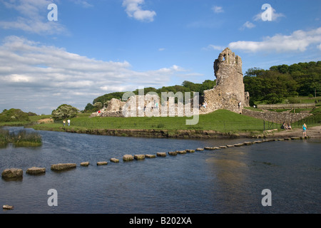 Stepping Stones and Ogmore Castle Ogmore Glamorgan South Wales Stock Photo