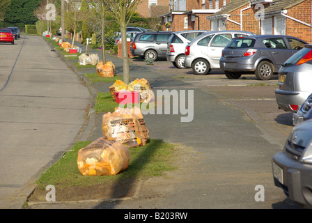 Sorted domestic household rubbish recycle orange sack with glass in red box front garden driveway awaiting collection Stock Photo