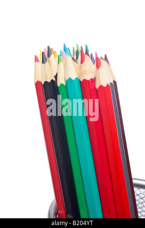 Assortment of coloured pencils in the basket on white background Shallow depth of field Stock Photo