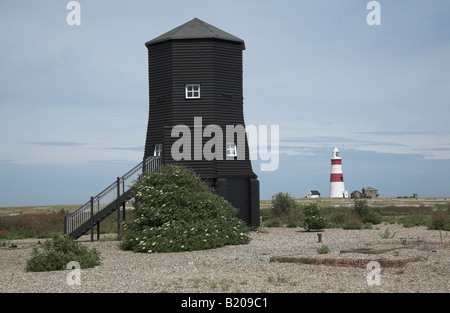 The Black Beacon, Orford Ness, Suffolk with lighthouse in distance Stock Photo