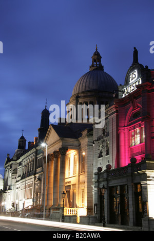 City of Aberdeen, Scotland. Evening view of Rosemount Viaduct with His Majesty’s Theatre, St Mark’s Church and the city library. Stock Photo