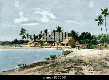 Hawaiian huts at Waimea on Kauai Island 1800s. Hand-colored woodcut Stock Photo