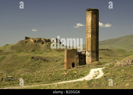 Remains of Menucehir Mosque, with Citadel behind, at Ani, ruined capital of Armenian Kingdom on border with Armenia Stock Photo