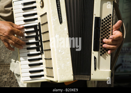 SPAIN Madrid Hands of adult man playing accordion outside on street Hands on keyboard and buttons Stock Photo