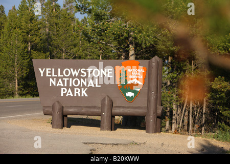 Sign at the west entrance to Yellowstone National Park West Yellowstone Idaho USA Stock Photo