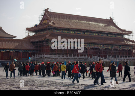 Tourists at Gate of Supreme Harmony during renovation in the Imperial Palace Forbidden City Beijing China Stock Photo