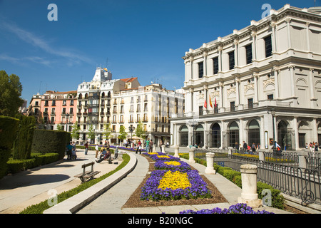 SPAIN Madrid Flowers in garden outside Royal Theater Teatro Real and Plaza de Oriente Stock Photo