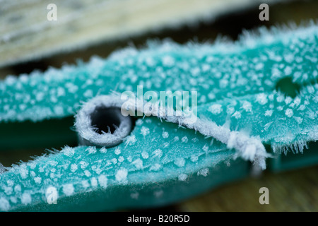 Frosty clothes peg Left out overnight a hard frost leaves frozen ice crystals on the surface of a green plastic peg Stock Photo