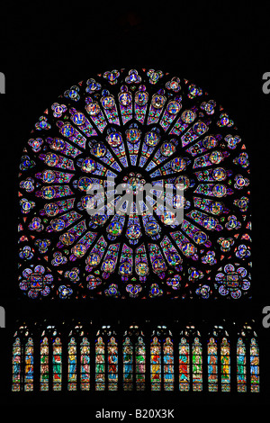 Notre Dame Cathedral north transept rose window showing virgin mary Paris France Europe Stock Photo