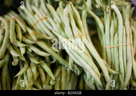 Green beans on sale in old Soho food market in Graham Street Central Hong Kong China Stock Photo