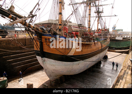 HM Bark Endeavour a replica of Captain James Cook's famous ship, pictured in dry dock in Hull England during a refit in May 2003 Stock Photo
