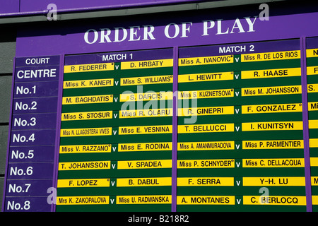The order of play on the board for the first day of the Wimbledon Tennis Championships 2008 Stock Photo