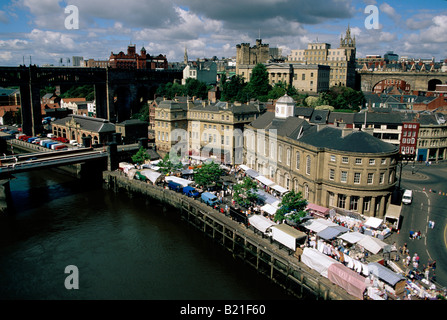 Areial view on River Tyne and Newcastle upon Tyne during Saturday market Northumberland England