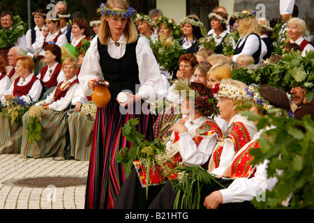 Latvian Folklore Group in National costumes during Midsummer celebration in Jurmala Latvia Baltic states Stock Photo