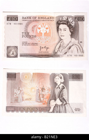 The front and back of an old English ten pound note, with Florence Nightingale on the back. Stock Photo