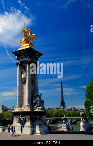 The Eiffel Tower as seen from the Alexandre III Bridge over the Seine in Paris France. Stock Photo