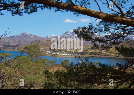 Looking across Loch Shieldaig to Shieldaig village and Liathach Highland Region Scotland April 2008 Stock Photo