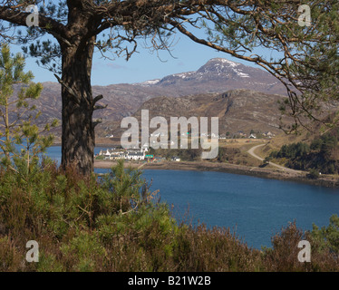 Looking across Loch Shieldaig to Shieldaig village and Liathach Highland Region Scotland April 2008 Stock Photo