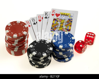 Playing Cards, Poker Chips & Dice Stock Photo