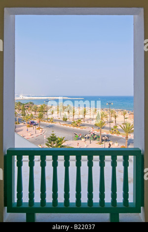 Vertical view from the balcony of a modern hotel in Tunisia of the beach and seaview. Stock Photo