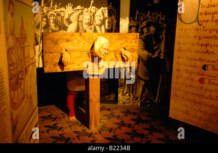 Wax figure locked in medieval torture instrument Exhibition Dublinia Christ Church Cathetral Dublin Ireland Stock Photo