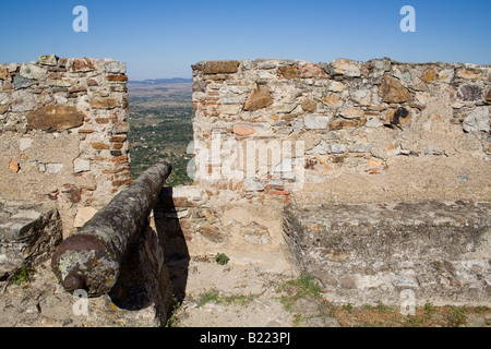 Old bronze cannon in Marvao Castle guarding the surrounding landscape, Portugal. Candidate to World Heritage by UNESCO Stock Photo