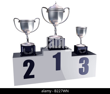 Illustration of highly polished trophies on a podium showing first ...