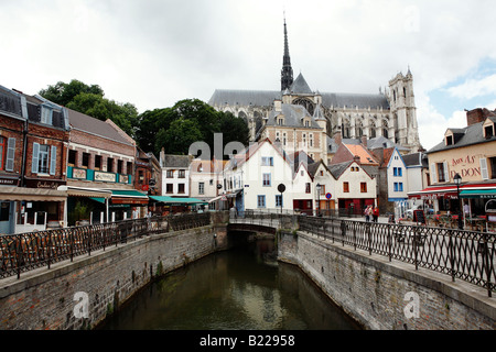 Canal old houses and cathedral Notre-Dame seen from the Quartier Saint Leu, Amiens, Picardy, northern France Stock Photo