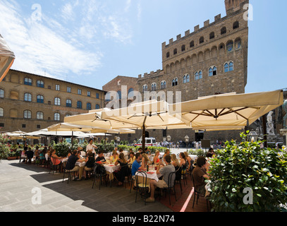 Restaurant in front of the Palazzo Vecchio, Piazza della Signoria, Florence, Tuscany, Italy Stock Photo