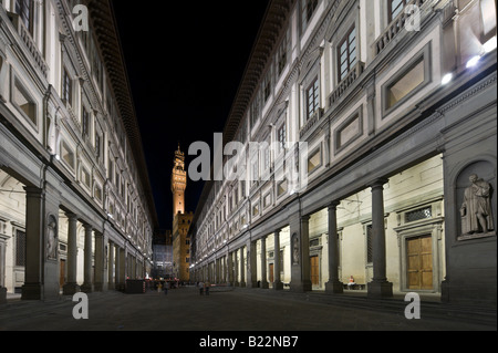 The Uffizi Gallery at night with the Palazzo Vecchio in the distance, Florence, Tuscany, Italy Stock Photo