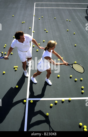 High angle view of two tennis players practicing Stock Photo