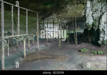 Abandoned birds nest collectors huts Traders Cave Niah Caves Niah National Park Sarawak Malaysia Stock Photo