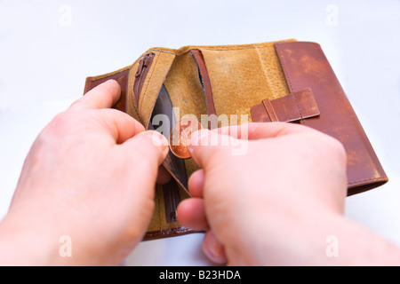 Empty wallet two pence coin March 2008 Stock Photo