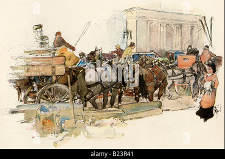 Horse and wagon traffic on Fifth Avenue in New York City 1909. Color halftone of an illustration Stock Photo