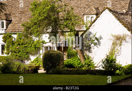 A typical Englsih country village whitewashed cottage in the Cotswold village of Ashton Keynes in Wiltshire, England, UK Stock Photo