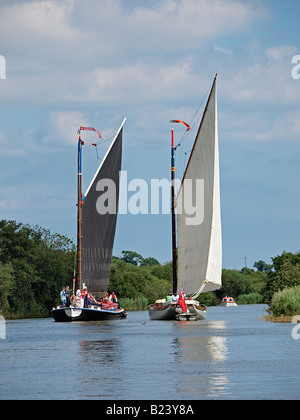 NORFOLK WHERRY ALBION AND WHITE MOTH SAILING PAST EACH OTHER NEAR  RANWORTH BROAD NORFOLK Stock Photo