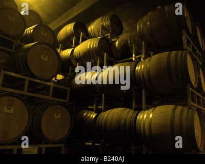 Oak casks containing aging wine at a winery in Napa Valley, California Stock Photo