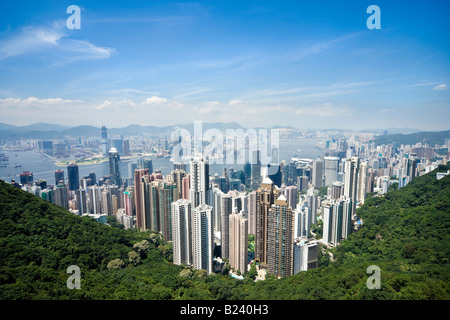 Hong Kong skyline. Panoramic view of Hong Kong and Kowloon from Victoria Peak Tower. Hong Kong, China, SAR, on a clear and sunny day.