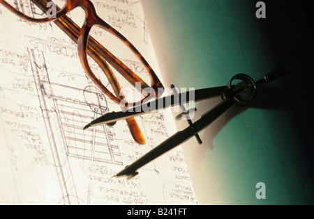 Blueprint pencil compass Still life conceptual Stock Photo