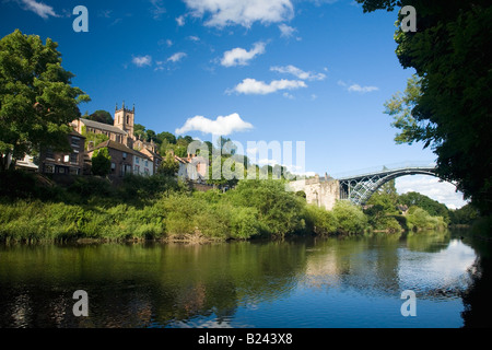 Ironbridge village world's first iron bridge spanning banks of River Severn in late evening summer light Shropshire England Stock Photo