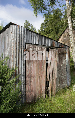 An old dilapidated / ramshackle shed of corrugated iron and wood stands the grounds of a Scottish garden. Stock Photo