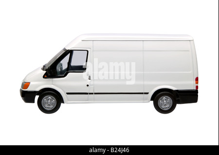 White model van side view with blank panels to add your own branding isolated on a white background with clipping path provided Stock Photo