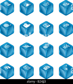 A series set of cube icons relating to various types of media. Stock Photo