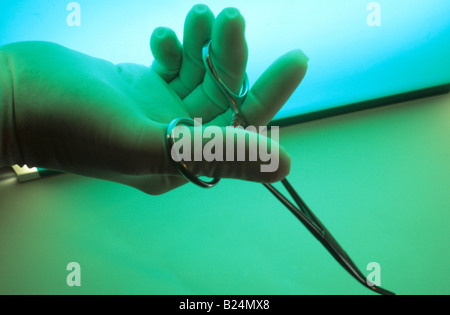 GLOVED HAND HOLDING HEMOSTAT Stock Photo