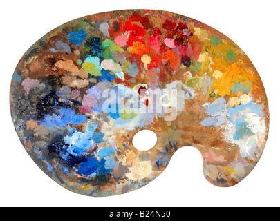 Artist s palette with multiple colors isolated over a white background Stock Photo