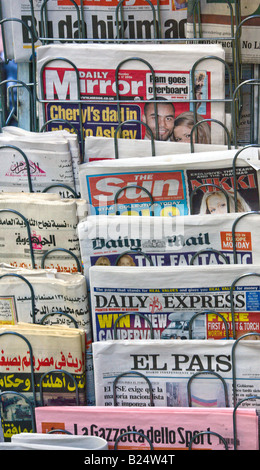Newspapers from many countries on sale in Amsterdam the Netherlands Stock Photo