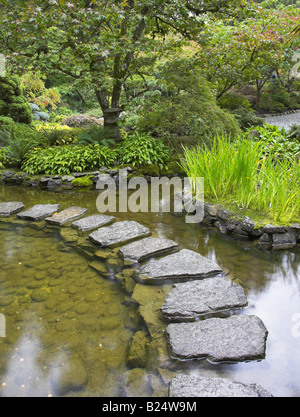 A path from the wet stones laid through a pond in Japanese to a garden Stock Photo