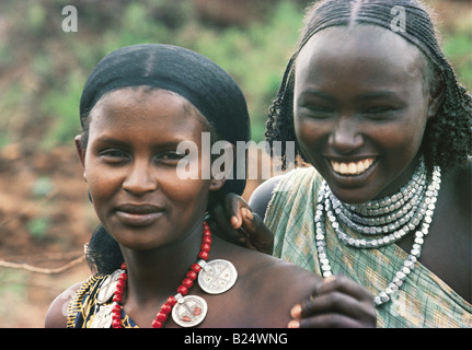 Portrait of two beautiful Boran girls wearing aluminium jewellery Marsabit Northern Kenya East Africa Stock Photo