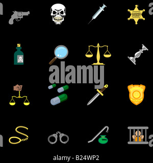 a series of design elements or icons relating to law, order, police and crime. Stock Photo